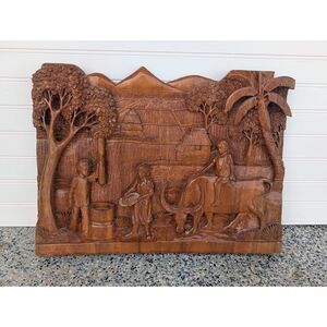 Large Philippine Hand Carved Wood Relief Wall Panel Carabao Village 23x18